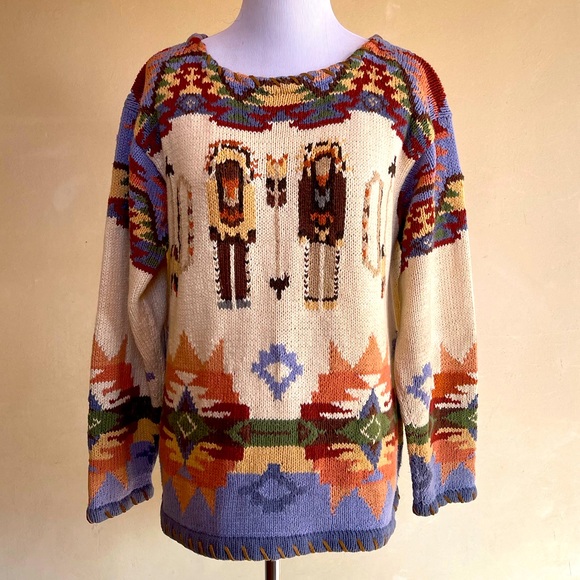 RALPH LAUREN COUNTRY 80’s HandKnit Native American Leather Whip Stitch Sweater M - Picture 14 of 14